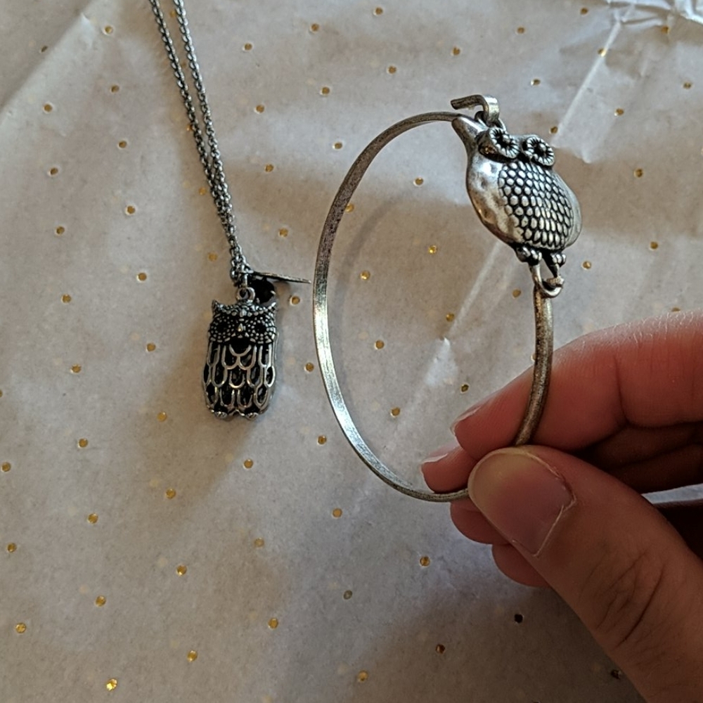 Long Owl Necklace and Bangle Set